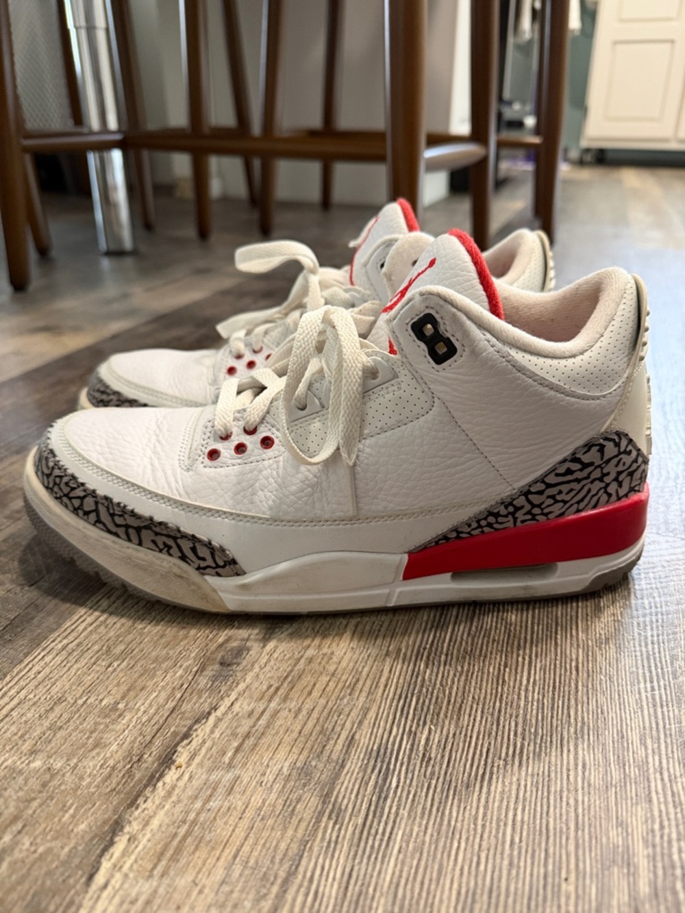 Mens White and Red Jordan 3s